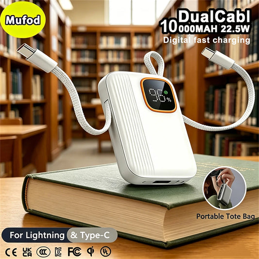 Digital Display Handheld Power Bank Dual Cables 10000mAH PD22.5 20W Super Fast Charging Portable Battery For Iphone Lightning Type C Samsung Xiaomi Luxury Large Capacity 4 in 1 Multi Charging Outdoor Essential
