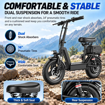Misodo Electric Scooter with Seat, 1200W Peak Motor, Max 25 MPH Speed, 35 Miles Long Range, 14" Foldable Commuting E-Scooter, Dual Suspension, Rear Storage Box, UL2272 Certified