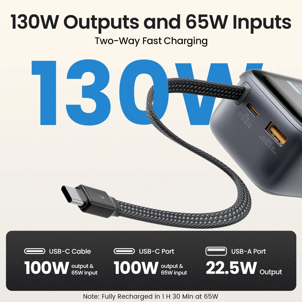 PISEN 130W Power Bank With Fast Charging USB-C Cable 20000mAh PD3.0 Powerbank for Laptop Notebook iPhone External Battery
