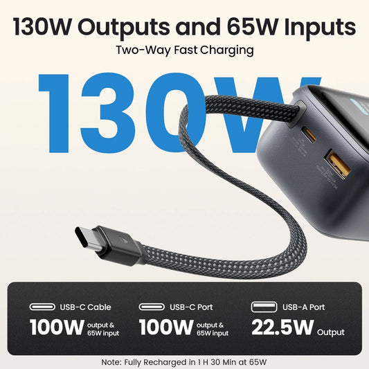 PISEN 130W Power Bank With Fast Charging USB-C Cable 20000mAh PD3.0 Powerbank for Laptop Notebook iPhone External Battery