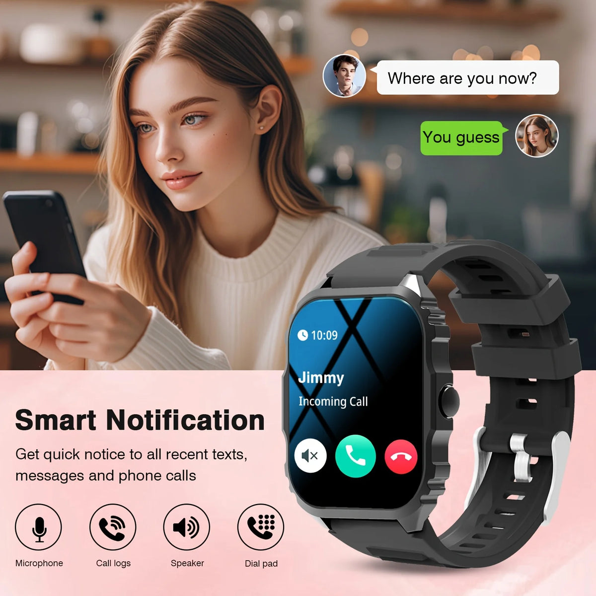 Stylish and Cool Smartwatch with Wireless Calling/dialing Function, Featuring Multiple Sports Modes, Weather Forecast, Music Control, Find Phone, Alarm Reminders, Do Not Disturb Mode, and More. The Top Choice for Birthday Gif