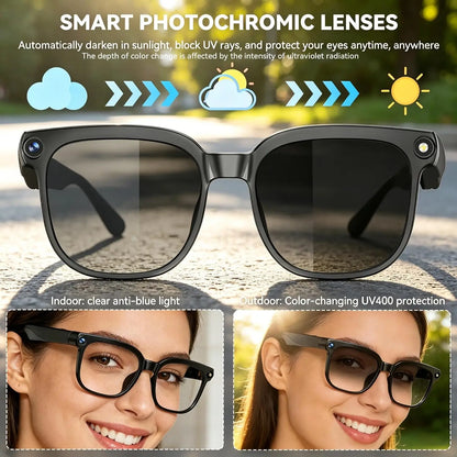 Ai Smart Glasses With 8Mp Camera, 1080P Anti‑Shake Video Recording, Real‑Time Translation, Ai Voice Assistant & Object Recognition, Photochromic Bluetooth Sunglasses For Men And Women