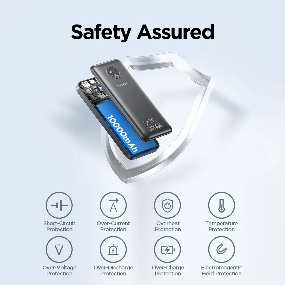 PISEN 10000mAh Fast Charging Power Bank PD 20W SCP 22.5W Lightweight Charger USB C External Battery for iPhone Xiaomi Huawei