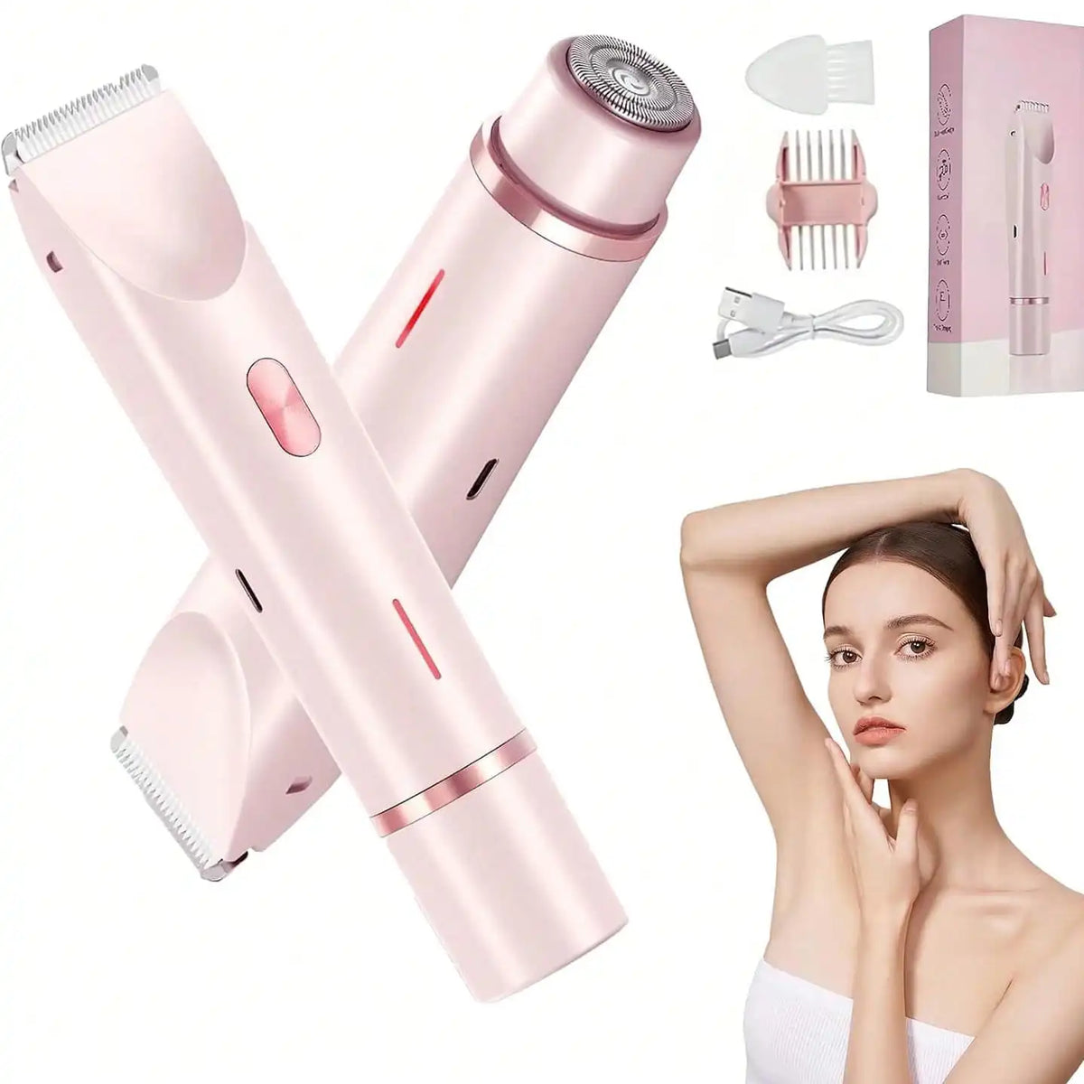 Women's Bikini Trimmer, Women's Electric Shaver, Replaceable Heads, Facial and Intimate Hair Trimmer, USB Rechargeable, with Base, Travel Cordless Body Shaver, Suitable for Face/Legs/Underarms, Women's Gift
