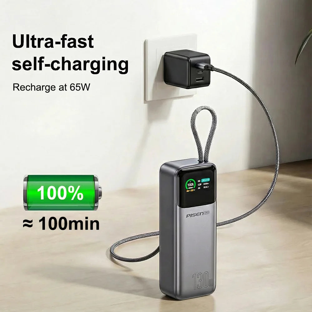 PISEN 130W Power Bank With Fast Charging USB-C Cable 20000mAh PD3.0 Powerbank for Laptop Notebook iPhone External Battery