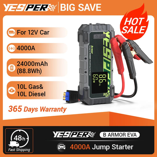 YESPER 4000A 10L Diesel/Gas Jump Starter – 12V/24000mAh, 100W PD Fast Charge, 3-Mode Light + Case, Portable Power Bank