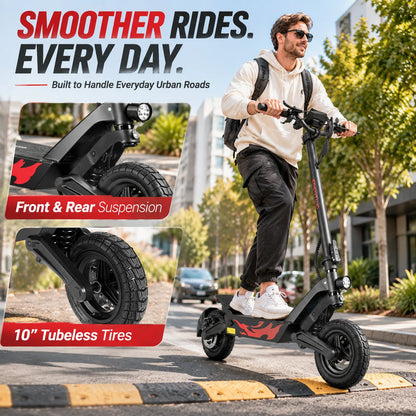 EOEOTWO Electric Scooter, 1000W Motor, 10" Solid Tires, 25 Miles Range, 25 Mph Folding Commuter Electric Scooter for Adults with Double Braking System and Dual Suspension