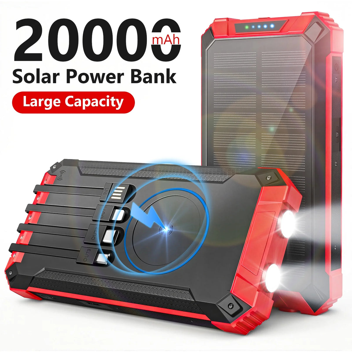 20000mAh Portable Solar Power Bank Dual LED Lights 4 Built-in Cables Fast Charging for iPhone Android Phones AirPods