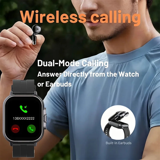 2-in-1 Smart Watch with Hidden Wireless Earbuds Compatible for Android/iOS, Wireless Smartwatch with AI Translation, -Screen HD Display, Watch Faces, Music Playback, Payment System & Real-Time Alerts Suitable for Men and Wome