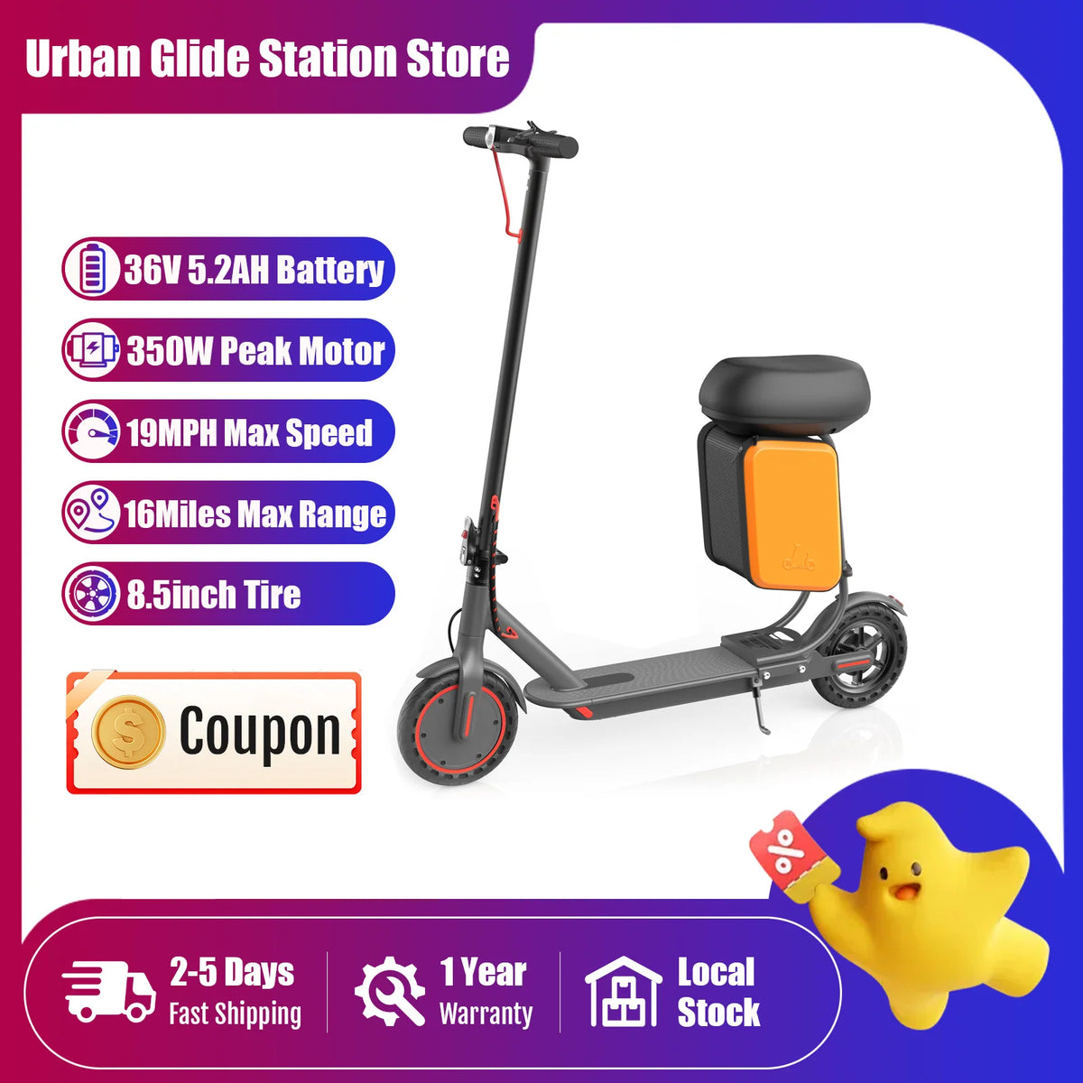 8.5'' Solid Tire Electric Scooter 350W Motor 36V 5.2Ah Battery 19mph Max Speed Up to 16miles Max Range with Removable Seat & Box