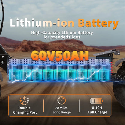 TOURSOR X14-60V Electric Scooter Dual Drive 60V 50AH 10,000W Motor 65 MPH Speed 70 Mile Range with 13" Off-Road Tires
