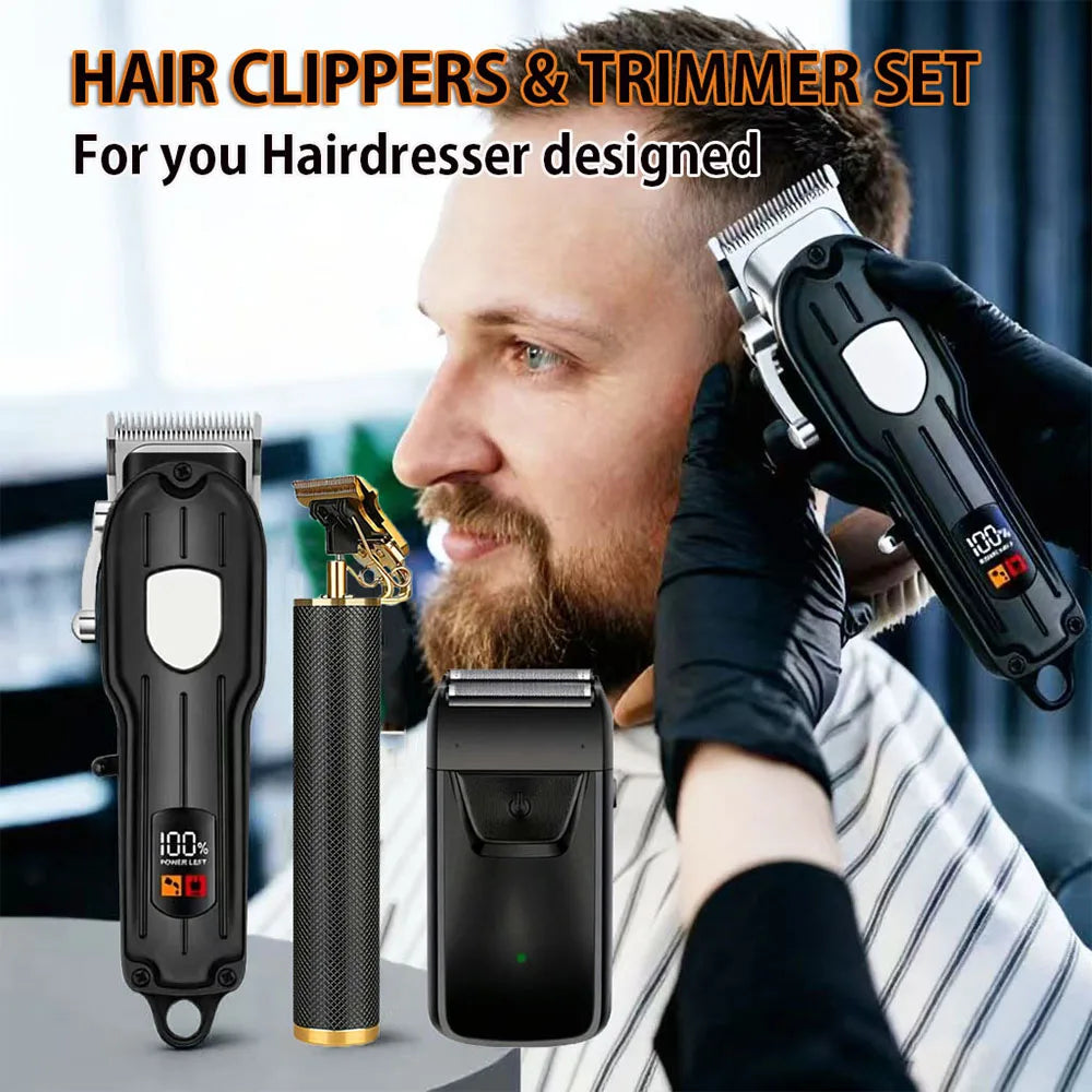 Professional Men's Hair Cutting Kit - 1/2/3pcs Electric Clippers & Trimmers Set with Foil Shaver, Barber Scissors, Combs - Rechargeable Beard Trimmer for Precision Fading & Zero Gap Carving