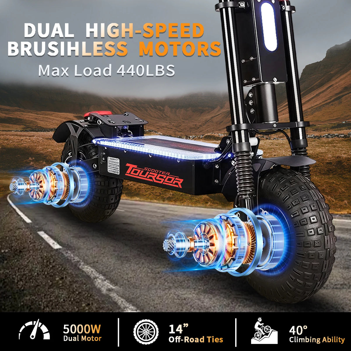 TOURSOR X14-60V Electric Scooter Dual Drive 60V 50AH 10,000W Motor 65 MPH Speed 70 Mile Range with 13" Off-Road Tires