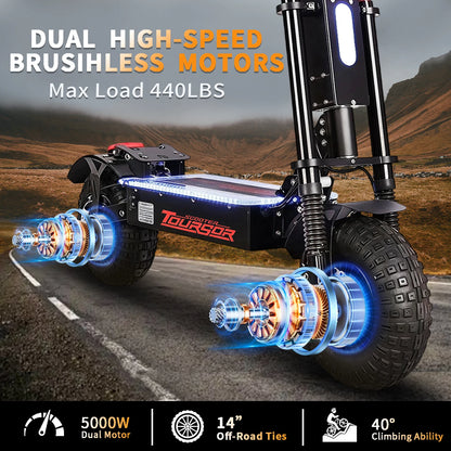 TOURSOR X14-60V Electric Scooter Dual Drive 60V 50AH 10,000W Motor 65 MPH Speed 70 Mile Range with 13" Off-Road Tires