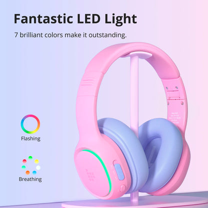 Tronsmart KH03 Active Noise Cancelling Kids Headphones, Foldable Bluetooth Headset with HD Mic for Class Clarity, Soft Protein Earpads, 7-Color LED, Safe Volume Limit, 70H Battery for Travel/Study
