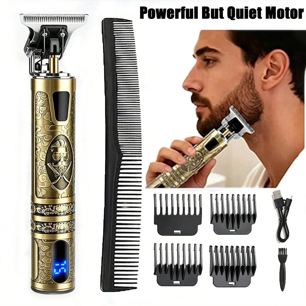 Retro T9 Electric Hair Clipper & Beard Trimmer - LCD Display, USB Rechargeable,   Professional Barber Kit with 4 Guide Combs for Men's Haircut & Styling