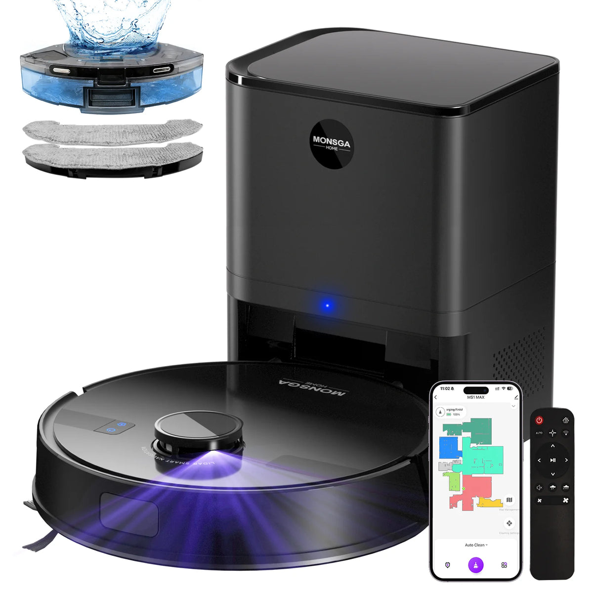Refurbished MONSGA By Erabros MS1 MAX Robot Vacuum and Mop Combo, 6000Pa Strong Suction, 3.5L Self-Emptying Station, LDS Navigation Smart Mapping, 180 Mins Runtime, App/Voice/Remote Control, for Pet Hair Hard Floors Carpets (