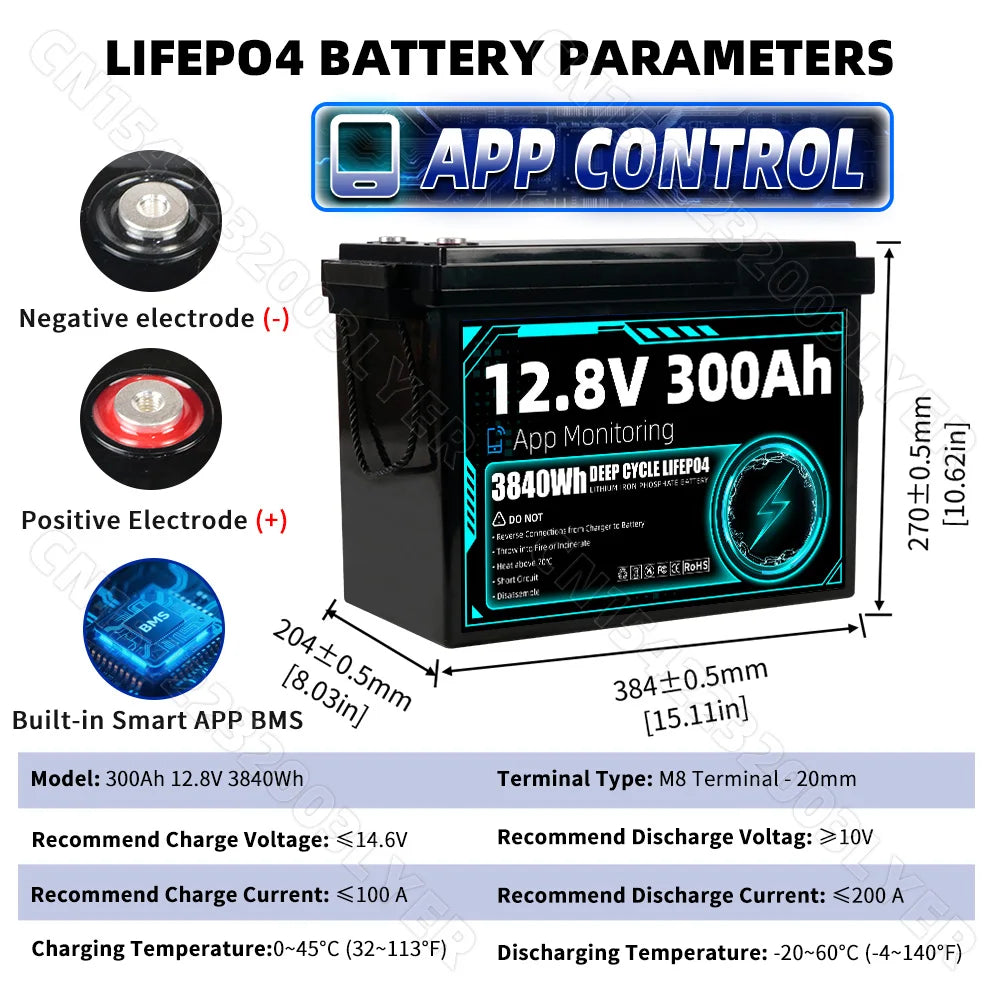 8000+ Cycles 12V 300Ah LiFePO4 Battery Grade A Builtin BT BMS 12.8V US Stock DIY 24V 48V For RV EV Golf Cart Solar Camping Yacht