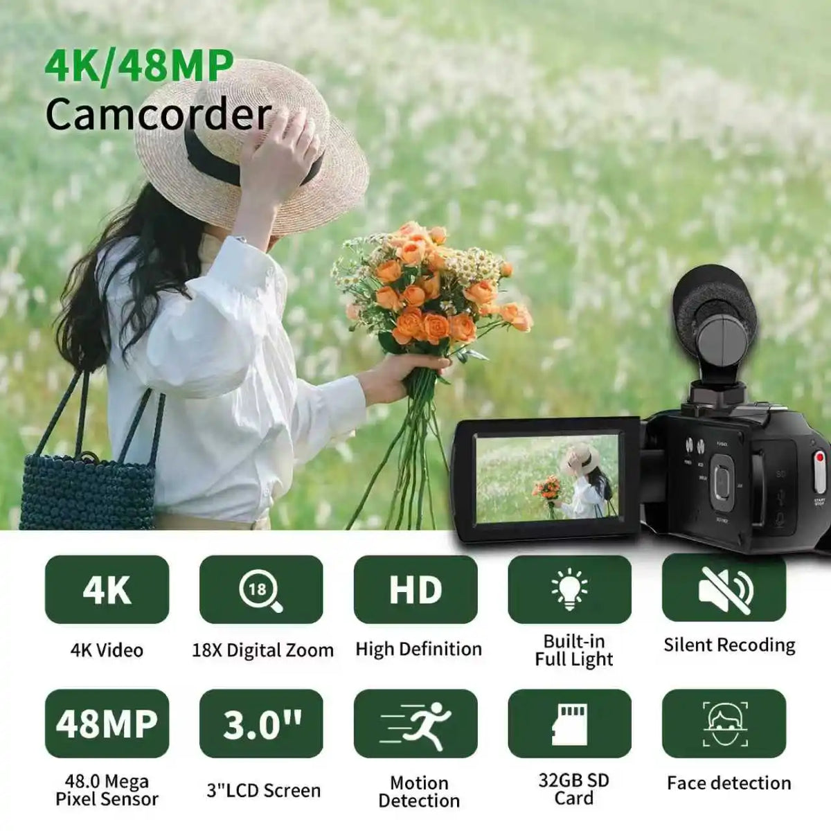 48mp 4k High-Definition Handheld Dv Camera - Professional Vlog Recording Equipment - 18x Digital Zoom + 3-Inch 270° Flip Screen - With Noise Reduction Microphone - Intelligent Anti-Shake Function - Comes With 32g Sd Card