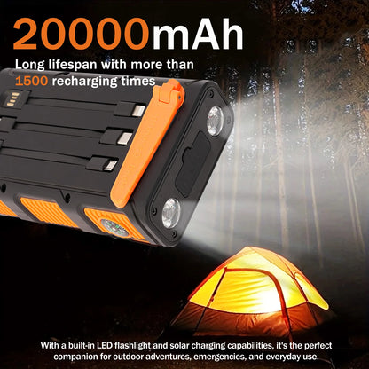20000mAh Portable Solar Power Bank 20W Fast Charging USB C Hand-Crank Generator Dual LED Flashlights for Outdoor Camping Hiking