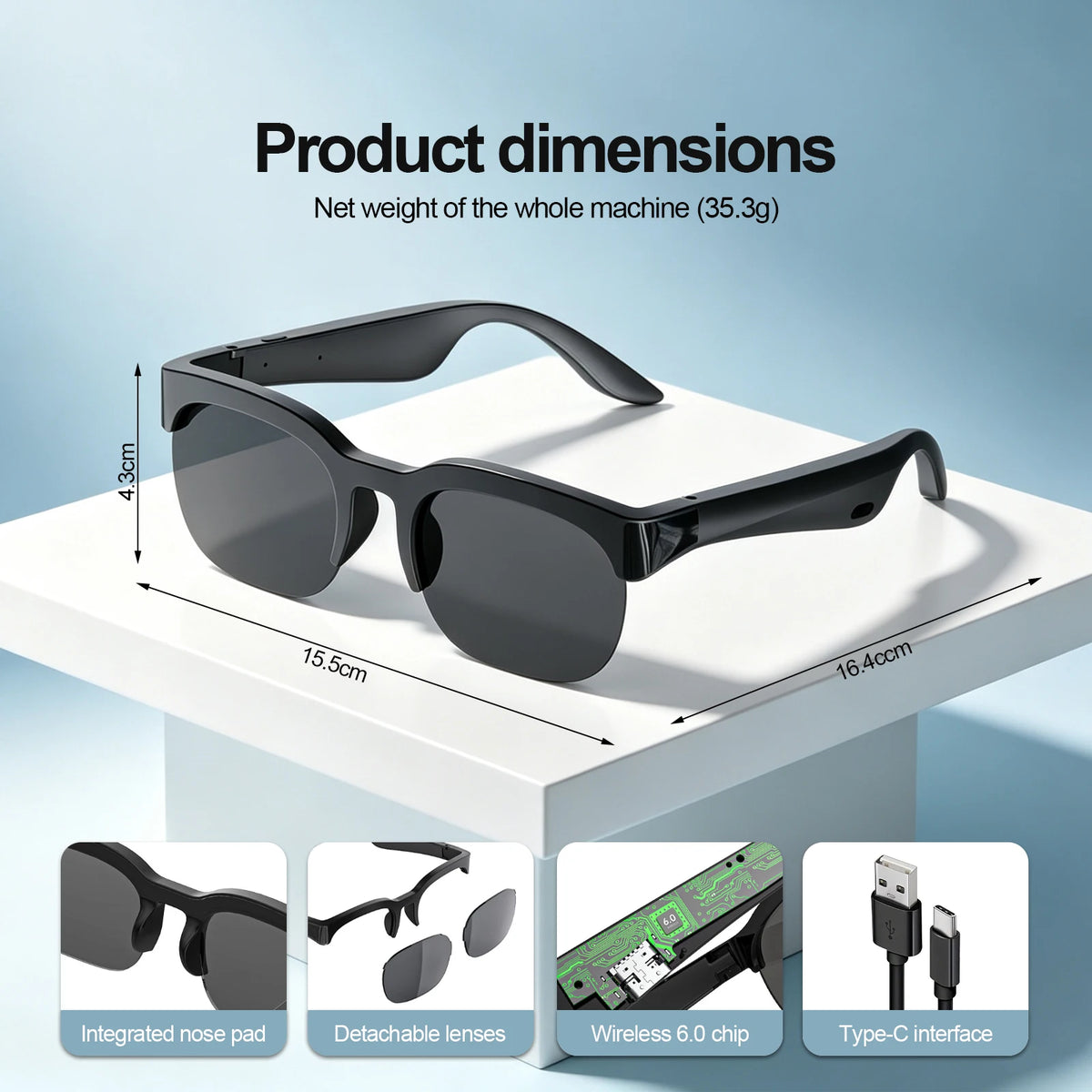 Bluetooth Smart Audio Glasses, Wireless Open-Ear Sunglasses with Built-In Speakers and Microphone, Hands-Free Music & Phone Calls, Portable Sports Eyewear for Running, Cycling, Gym, Cooking, Driving, Travel, Work, iPhone Andr