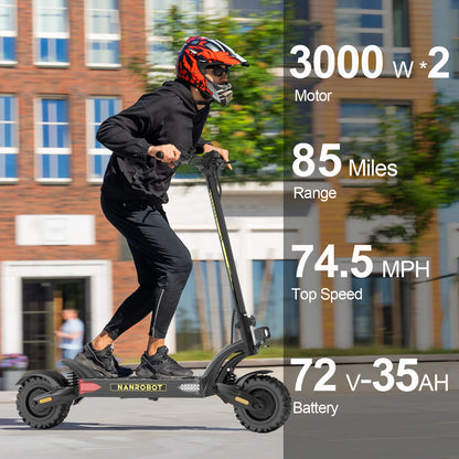 NANROBOT LS7+ Adult Electric Scooter - Fast 75mph Off-Road E-Scooter, Foldable Waterproof 6000W Dual Motor E-Scooter with Suspension, 300-Pound Load Capacity, 45-85 Mile Range, Dual Hydraulic Brakes