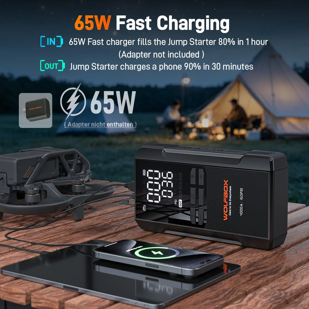 WOLFBOX JS24AIR 4000A Jump Starter 160PSI Air Compressor 12V Car Battery Booster, 88.8Wh Portable Jump Box (10L Gas/10L Diesel)  Tire Inflator LED Light