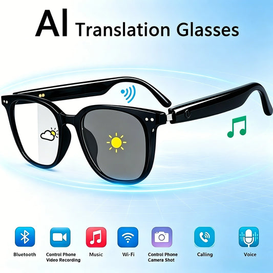 AI-powered translation glasses—ultra-lightweight and portable, supporting 164 languages, with color-changing lenses and an open-ear design that lets you listen to music and take calls—perfect for indoor and outdoor activi