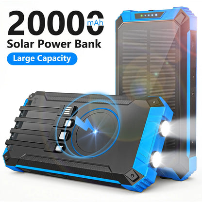 20000mAh Portable Solar Power Bank Dual LED Lights 4 Built-in Cables Fast Charging for iPhone Android Phones AirPods