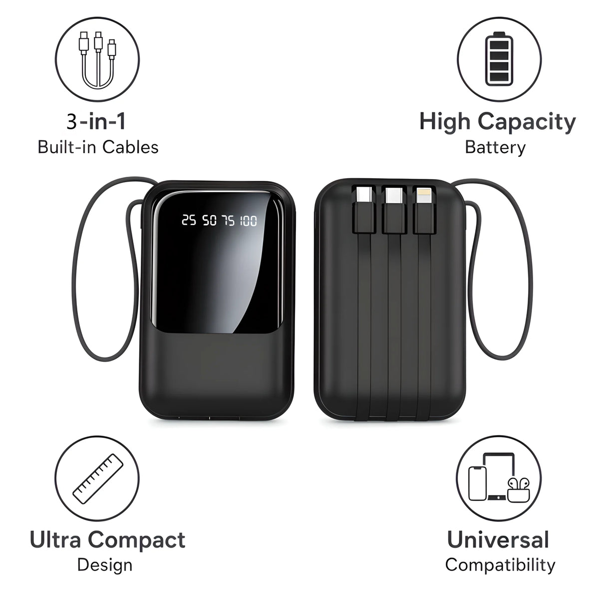 10000mAh Mini Portable Power Bank with Built-in 3 Charging Cables, Digital Display Fast Charging External Battery Pack for iPhone Android Travel
