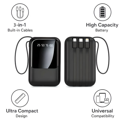 10000mAh Mini Portable Power Bank with Built-in 3 Charging Cables, Digital Display Fast Charging External Battery Pack for iPhone Android Travel