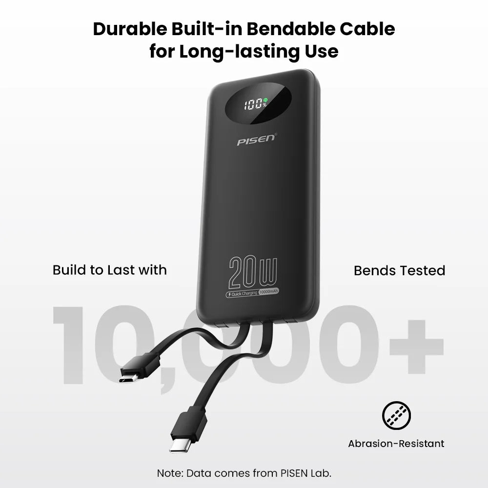 PISEN Power Bank 10000mAh 20W Fast Charging Powerbank With 4 Built-in Cables Smart LED Display For iPhone Samsung Xiaomi iPad Huawei