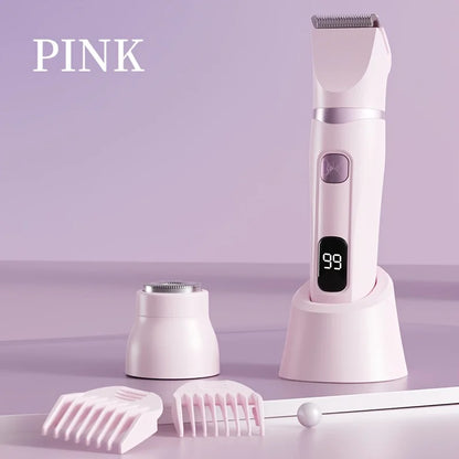 Women's Bikini Trimmer, Women's Electric Shaver, Replaceable Heads, Facial and Intimate Hair Trimmer, USB Rechargeable, LED Power Display, with Base, Travel Cordless Body Shaver, Suitable for Face/Legs/Underarms, Women's Gift