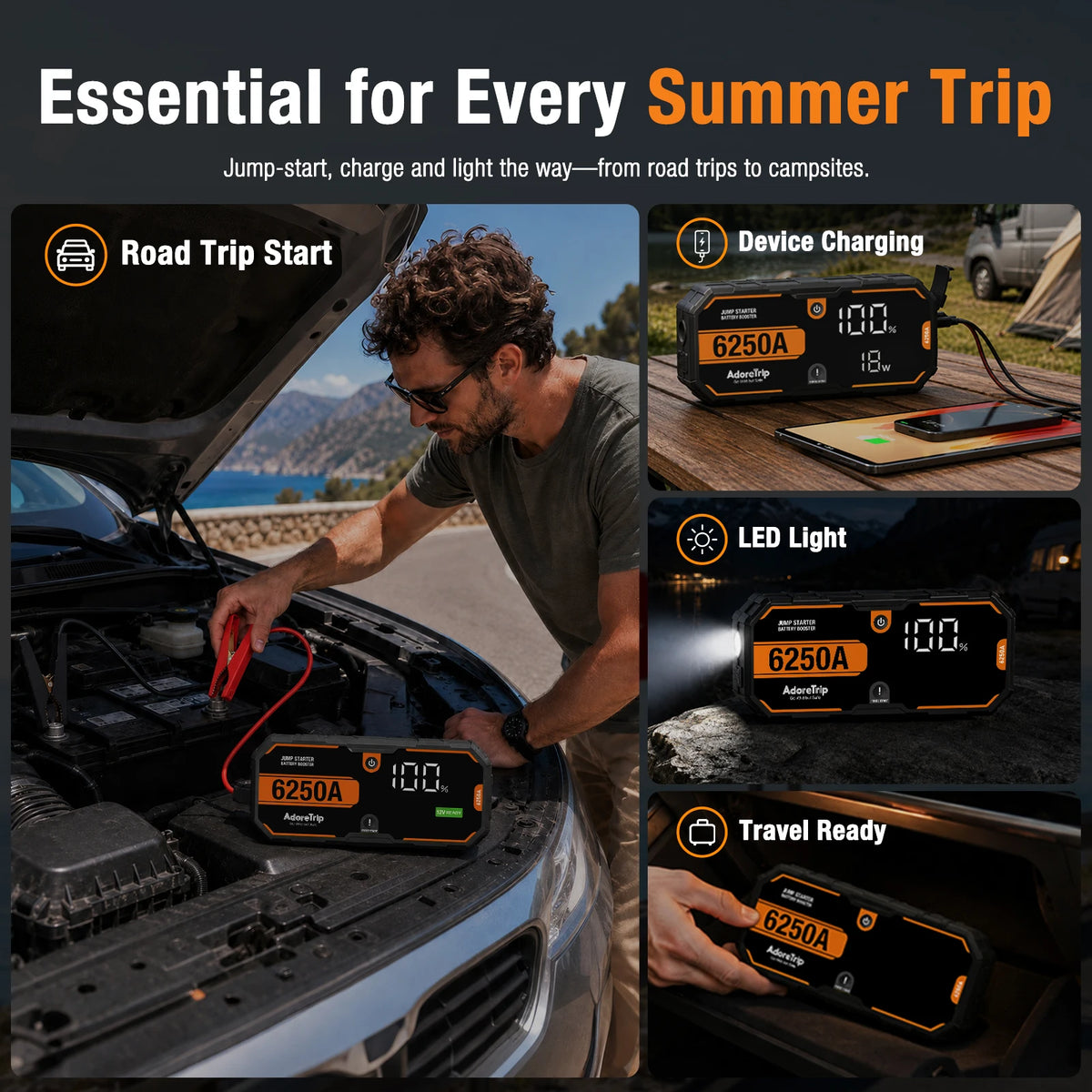 AdoreTrip Car 6250A Portable 12V Jump Starter Power Bank Auto Battery Booster Starter Device For Pickups SUV OffRoad 4x4 Boats