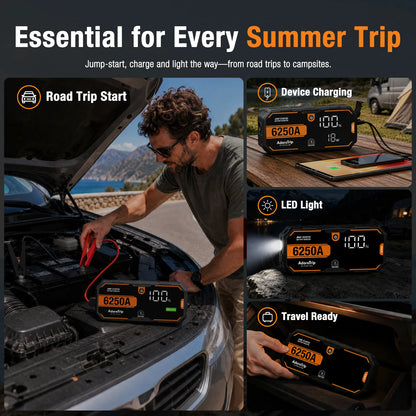 AdoreTrip Car 6250A Portable 12V Jump Starter Power Bank Auto Battery Booster Starter Device For Pickups SUV OffRoad 4x4 Boats