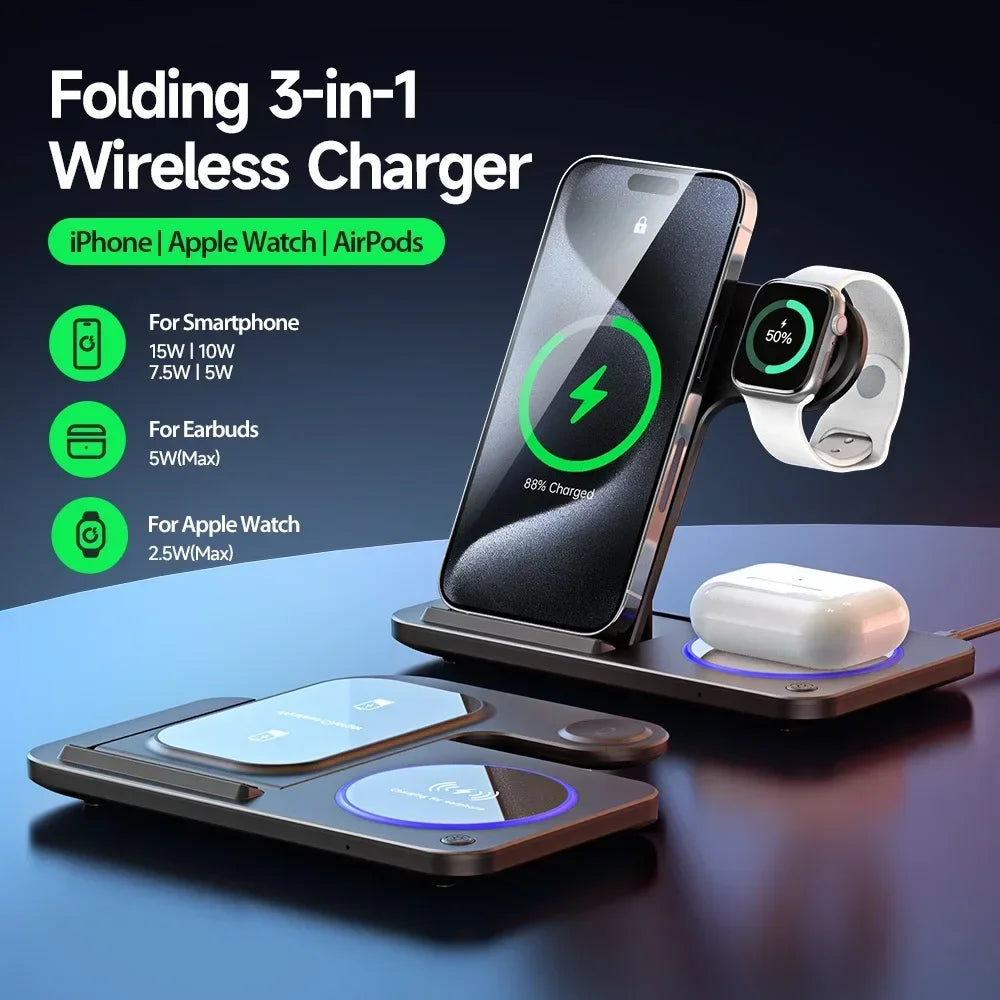 30W 3 in 1 Fast Wireless Charger Stand Foldable Wireless Charging for IPhone 15 14 13 12 11 Apple Watch 9 8 7 6 5 Airpods Pro