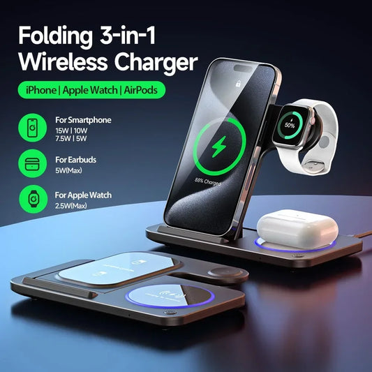 30W 3 in 1 Fast Wireless Charger Stand Foldable Wireless Charging for IPhone 15 14 13 12 11 Apple Watch 9 8 7 6 5 Airpods Pro
