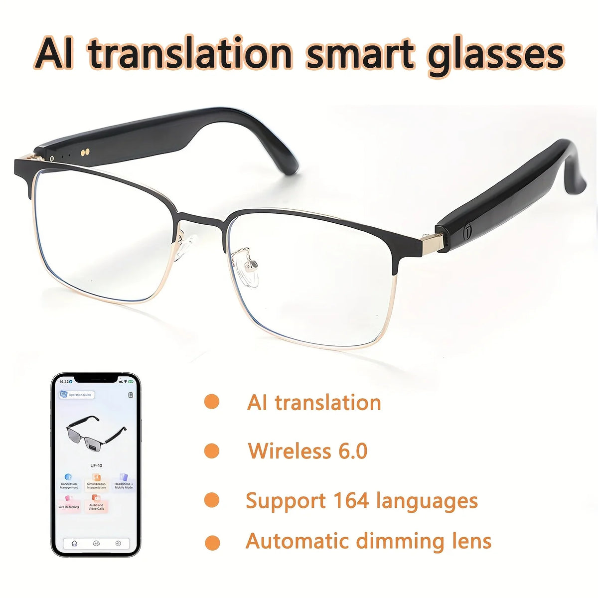 Unisex AI-Powered Smart Glasses Photochromic Lenses High-Def Voice Calls Hi-Fi Sound Music Playback Hands-Free Outdoor Office Use