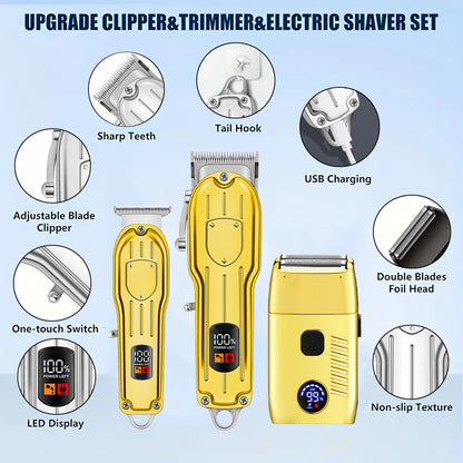 Professional Electric Hair Clipper Set with LED Display, USB Rechargeable Beard Trimmer & Foil Shaver for Men – Includes Guards, Scissors, Comb & Cape
