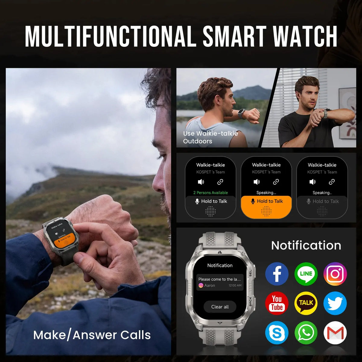 2026 KOSPET PULSE 2 Rugged Military Smartwatch Men Dual Band GPS 6 GNSS AMOLED 1.96" 5ATM IP69 LED Flashlight 170+ Sports