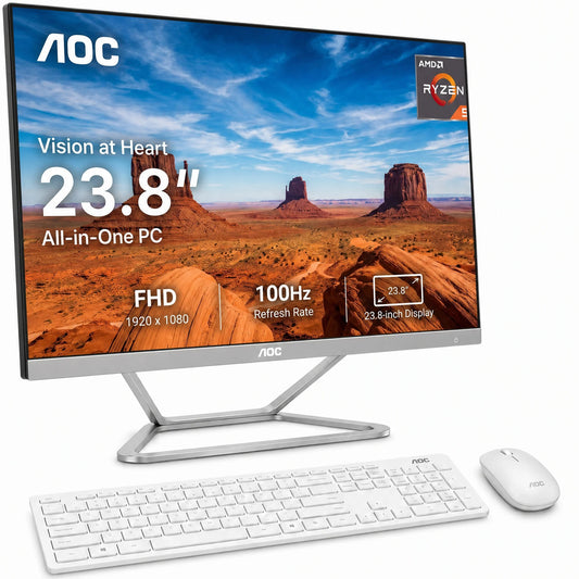Aoc 23.8" All-In-One Pc Bundle, Amd Ryzen 5 3500U, 16Gb Ram, 512Gb Ssd, Radeon Vega 8 Graphics, Fhd 60Hz Display, Built-In Speakers, Wifi, Wireless Keyboard & Mouse Included, Home Office Computer