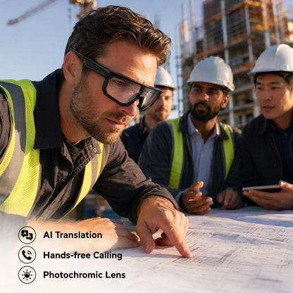 SMART PROTECTIVE GLASSES, AI REAL‑TIME TRANSLATION WORK GLASSES SUPPORT 160 LANGUAGES, PHOTOCHROMIC LENSES WITH BUILT‑IN MICROPHONE AND SPEAKER, MUSIC PLAYBACK FOR OUTDOOR SPORTS AND INDOOR WORK DAILY USE