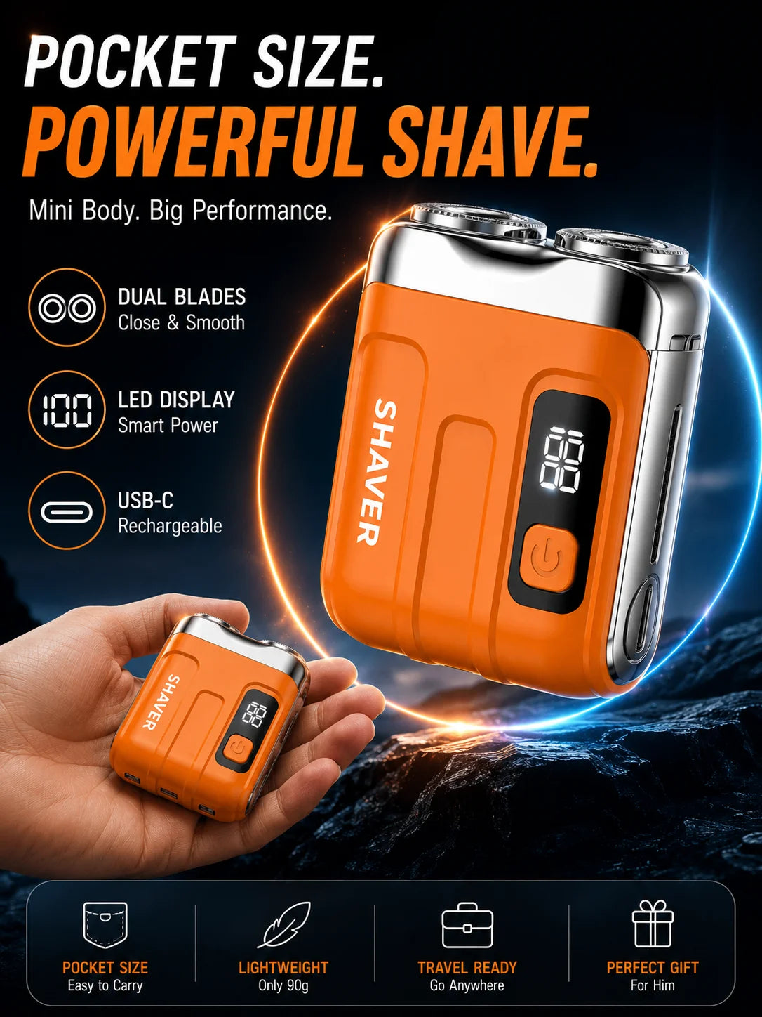 Mini Electric Shaver for Men Portable Rechargeable Beard Shaver USB-C Waterproof Dual Blade Razor with LED Display Travel