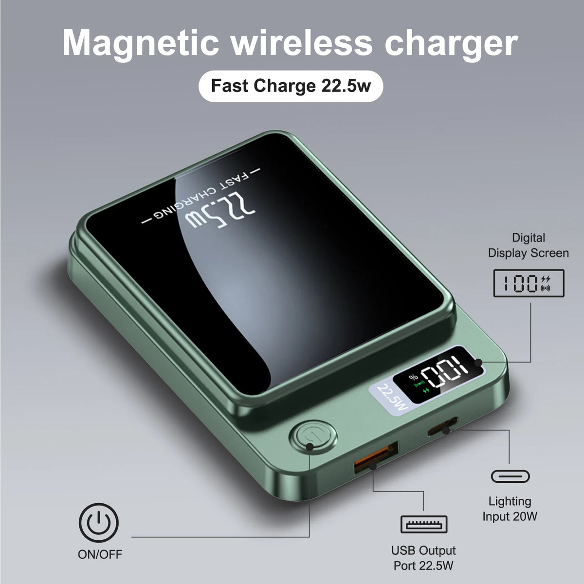 2-in-1 Wireless Magnetic Power Bank Fast Charging Portable PD 22.5W 10000mAh LED Power Display for iPhone 17/16/15/14 Samsung