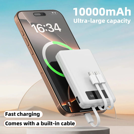 Mini Slim 10000mAh Portable Power Bank, Built-in LED Digital Display, 1 USB-A Port & 3 Integrated Cables, Small Lightweight Design, Multi-Device Simultaneous Charging for Travel, Camping and Emergency, Compatible with Android