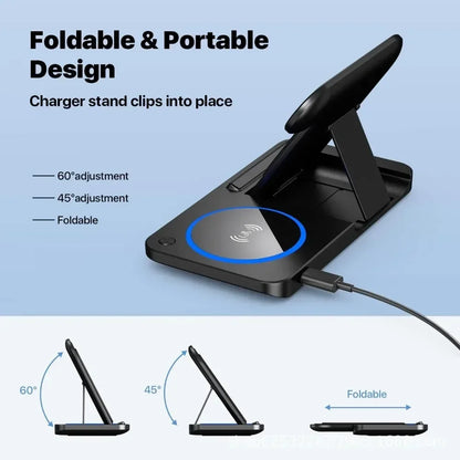 30W 3 in 1 Fast Wireless Charger Stand Foldable Wireless Charging for IPhone 15 14 13 12 11 Apple Watch 9 8 7 6 5 Airpods Pro