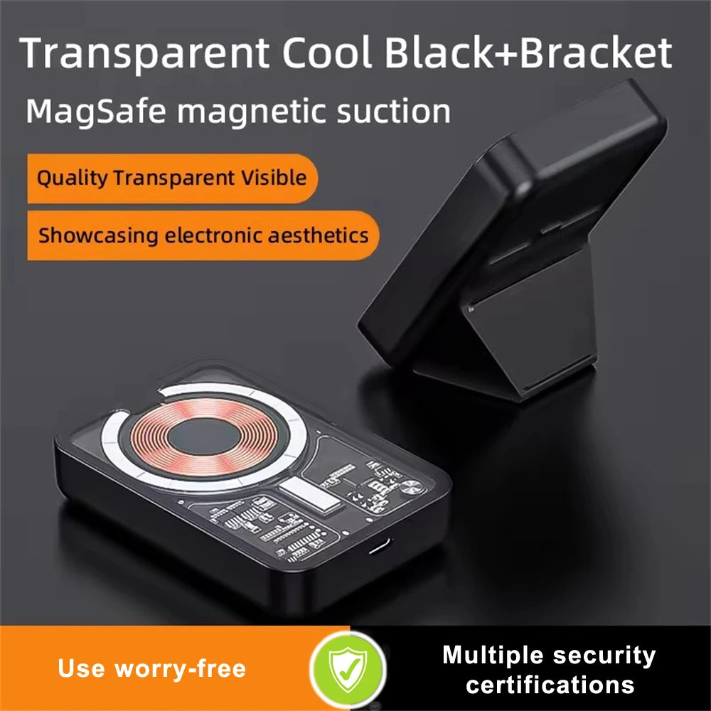 Clear Circuit Board Magnetic Power Bank Qi2 15W Wireless Charging 20W Portable Wired Charge 10000mAh Large Capacity PD 22.5W Type C Cable Bidirectional Fast Charging Phone Holder Powerbank For Iphone 17 16 15 Pro Max Magsafe