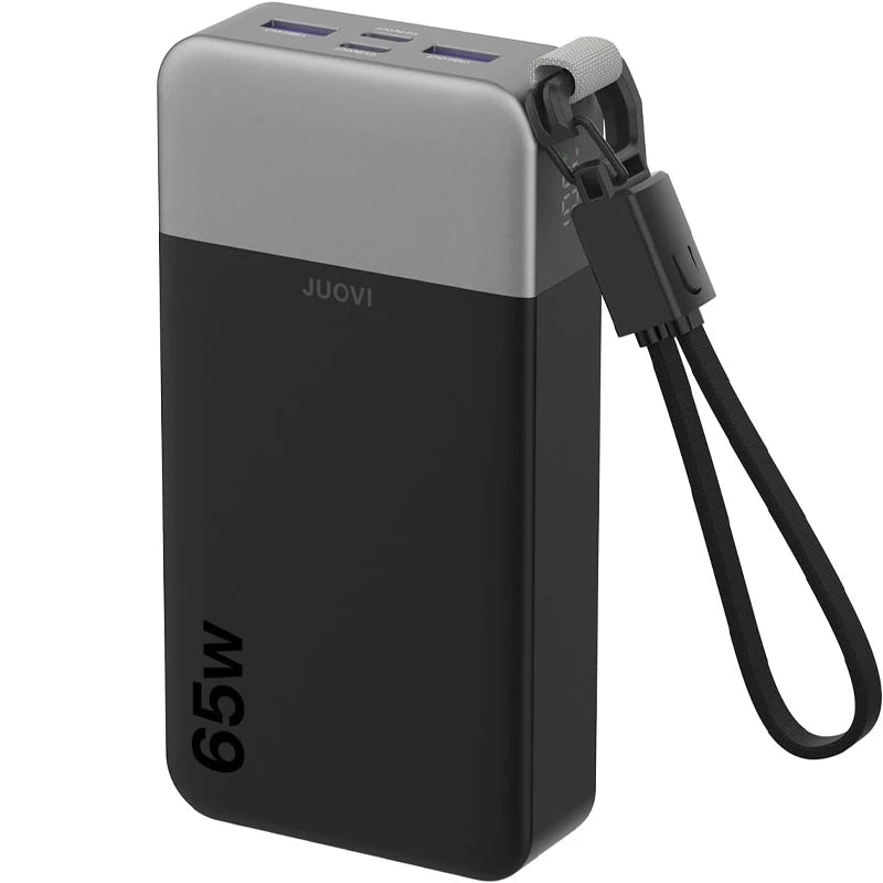 JUOVI Portable Charger, 65W 20000mAh Laptop Power Bank Fast Charging with Attached USB C Cable Powerbank for Laptop, for MacBook iPhone 17 16 Pro Samsung S26 and More