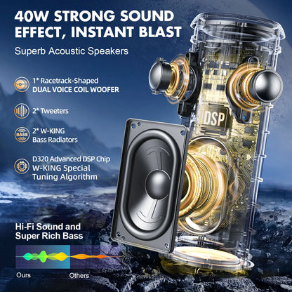 W-KING D320 Blue Bluetooth Speaker 40W Portable Wireless IP67 Waterproof Bluetooth 5.3 Deep Bass 24H Playtime Stereo Speaker
