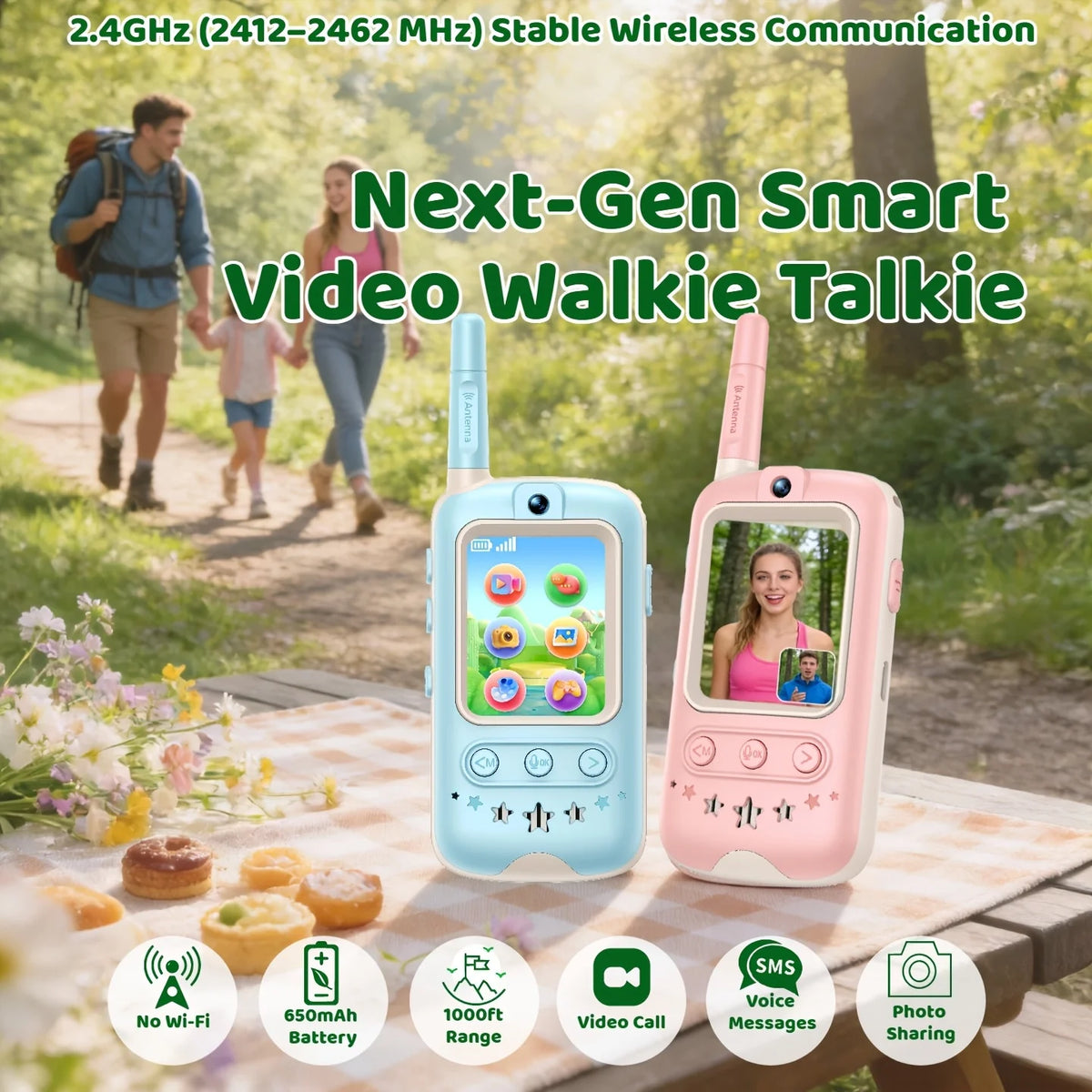 Video Walkie Talkie Gift Set 2 Pack HD Video Call Rechargeable Photo Voice Share Long Range No WiFi with Star Charms for Kids Birthday Outdoor Gift